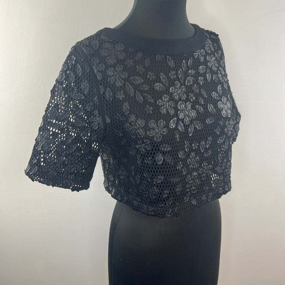 GRACIA Black Top Mesh Floral Crew Neck 3/4 Sleeve Back Zip Classic Size Large L - Picture 3 of 8